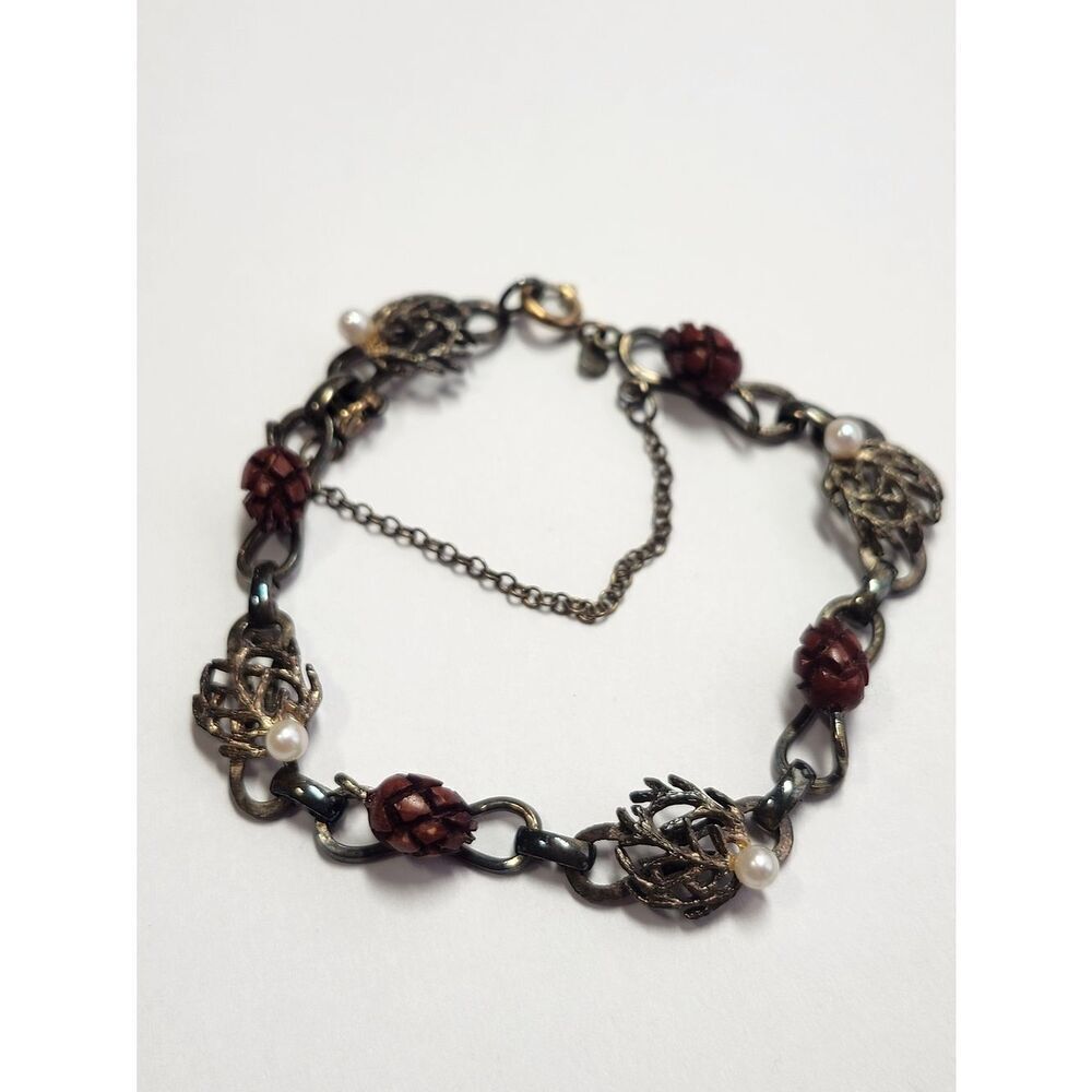 Vintage WELLS Sterling Silver Vermeil Pearl Pinecone Bracelet 6.75"